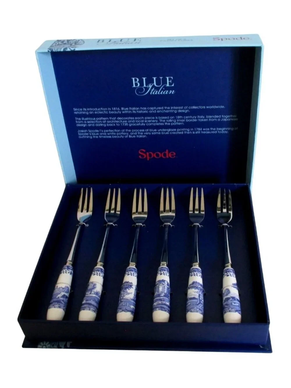 Spode Blue Italian Pastry Pastry Forks Set Of 6 With Decorative Porcelain Handle